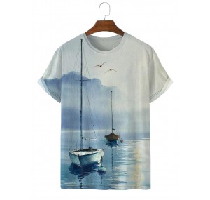 Art Hand Painted Watercolor Boat Short Sleeve T-Shirt