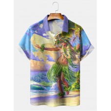 Classic Hula Tahiti Hula Dancer Print Short Sleeve Polo Shirt