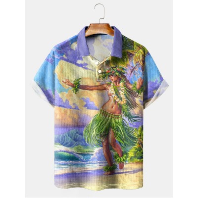 Classic Hula Tahiti Hula Dancer Print Short Sleeve Polo Shirt